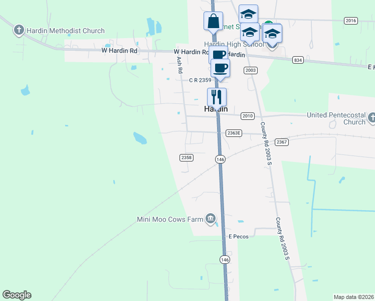 map of restaurants, bars, coffee shops, grocery stores, and more near 113 County Road 2363E in Liberty