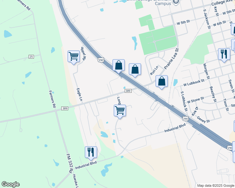 map of restaurants, bars, coffee shops, grocery stores, and more near 2601 Longwood Drive in Brenham