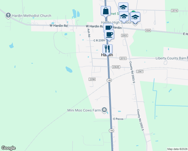 map of restaurants, bars, coffee shops, grocery stores, and more near 131 County Road 2363E in Liberty