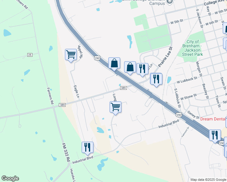 map of restaurants, bars, coffee shops, grocery stores, and more near 2601 Longwood Drive in Brenham