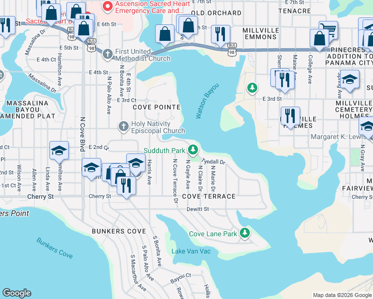 map of restaurants, bars, coffee shops, grocery stores, and more near 1503 Tyndall Drive in Panama City