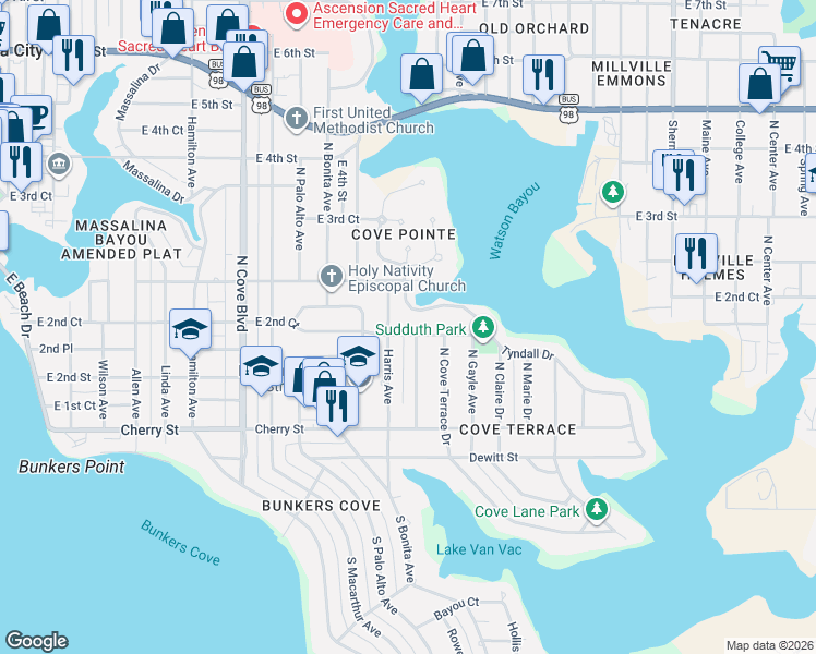 map of restaurants, bars, coffee shops, grocery stores, and more near 1200 Tyndall Drive in Panama City