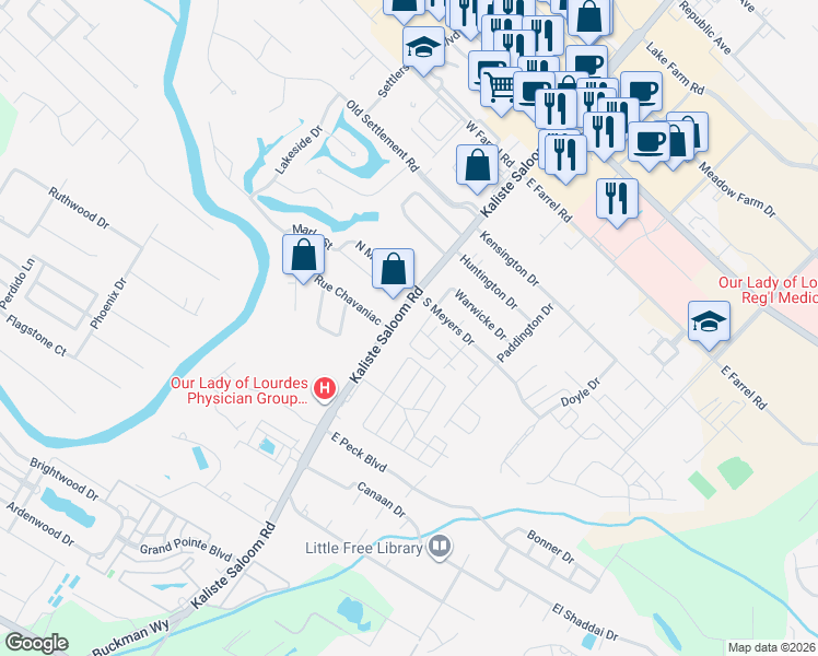 map of restaurants, bars, coffee shops, grocery stores, and more near 3010 Kaliste Saloom Road in Lafayette