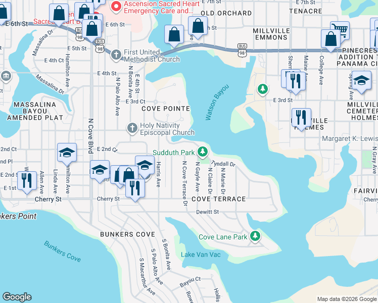 map of restaurants, bars, coffee shops, grocery stores, and more near 1208 Tyndall Drive in Panama City