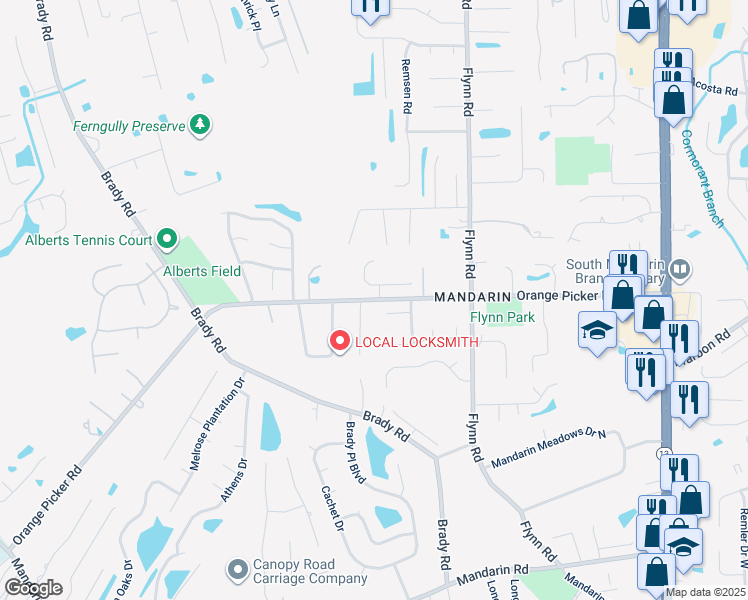 map of restaurants, bars, coffee shops, grocery stores, and more near 2521 Orange Picker Road in Jacksonville