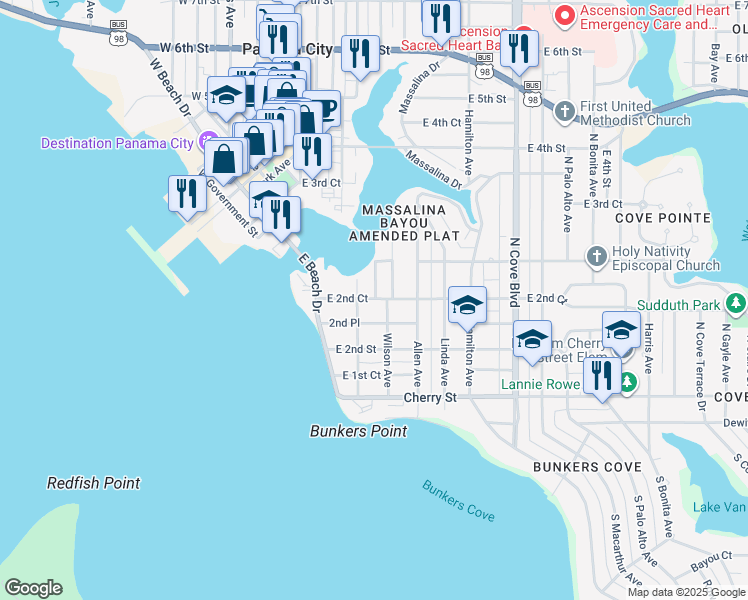 map of restaurants, bars, coffee shops, grocery stores, and more near 233 Wilson Avenue in Panama City