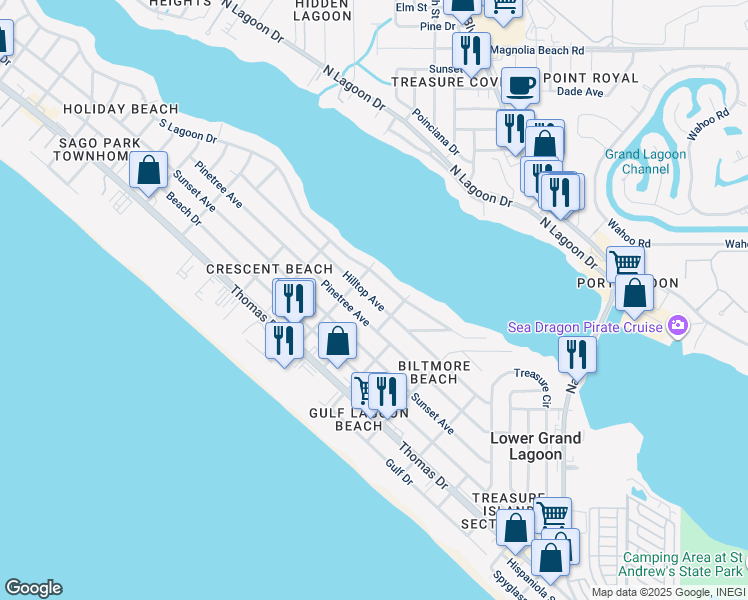 map of restaurants, bars, coffee shops, grocery stores, and more near 5818 Hilltop Avenue in Panama City Beach