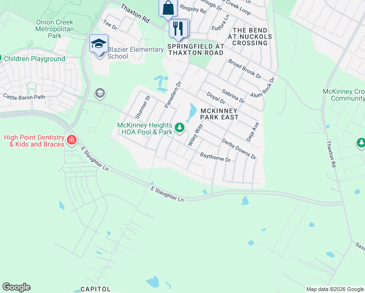 map of restaurants, bars, coffee shops, grocery stores, and more near 9000 Bird Brook Lane in Austin