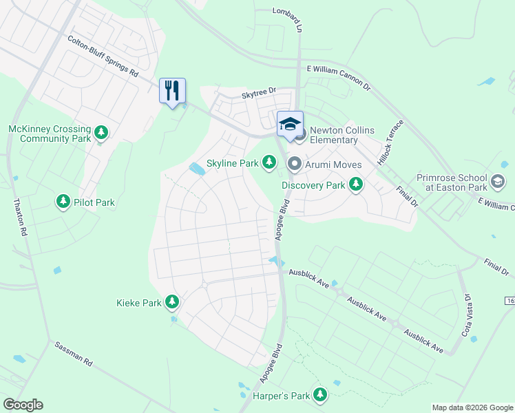 map of restaurants, bars, coffee shops, grocery stores, and more near 8020 Hillock Terrace in Austin