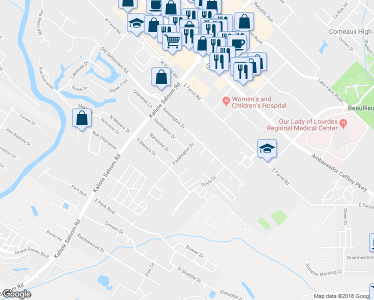 map of restaurants, bars, coffee shops, grocery stores, and more near 109 Paddington Drive in Lafayette