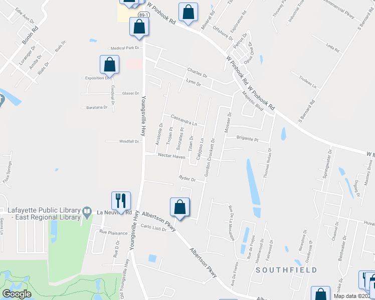 map of restaurants, bars, coffee shops, grocery stores, and more near 205 Titan Drive in Lafayette