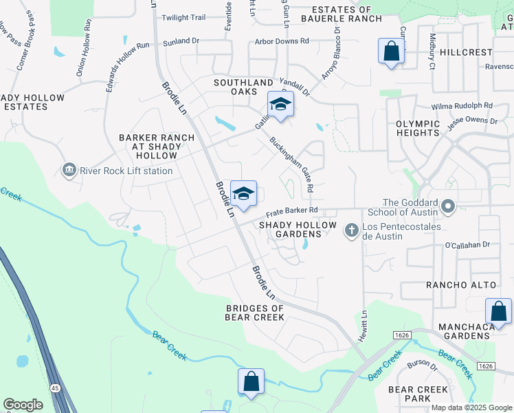 map of restaurants, bars, coffee shops, grocery stores, and more near 2609 Winding Brook Drive in Austin