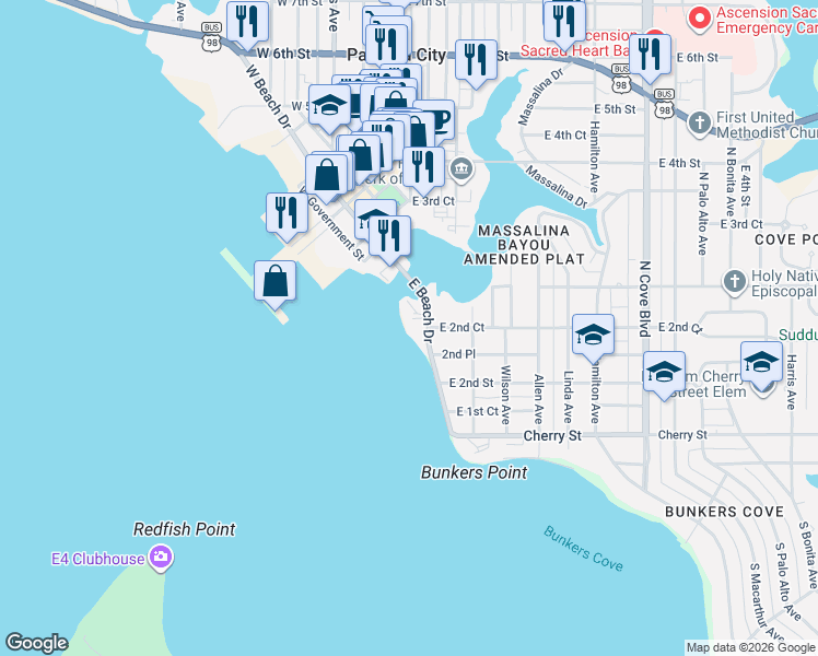 map of restaurants, bars, coffee shops, grocery stores, and more near 305 East Beach Drive in Panama City
