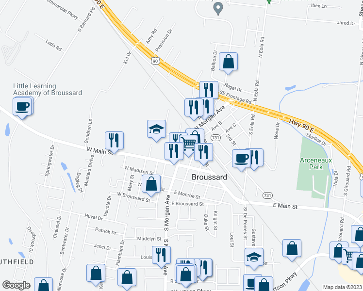 map of restaurants, bars, coffee shops, grocery stores, and more near 121 North Morgan Avenue in Broussard