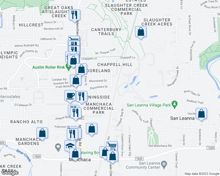 map of restaurants, bars, coffee shops, grocery stores, and more near 1101 Saint Stanislaws Drive in Austin