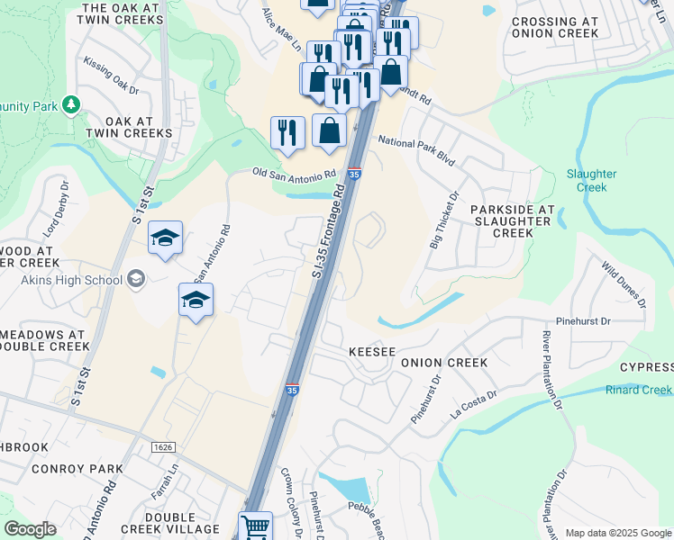 map of restaurants, bars, coffee shops, grocery stores, and more near 10905 South Interstate 35 Frontage Road in Austin