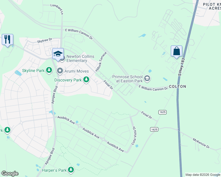 map of restaurants, bars, coffee shops, grocery stores, and more near 8479-8751 Colton-Bluff Springs Road in Austin