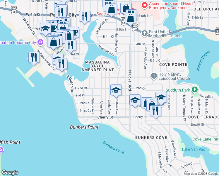 map of restaurants, bars, coffee shops, grocery stores, and more near 501 East 2nd Court in Panama City