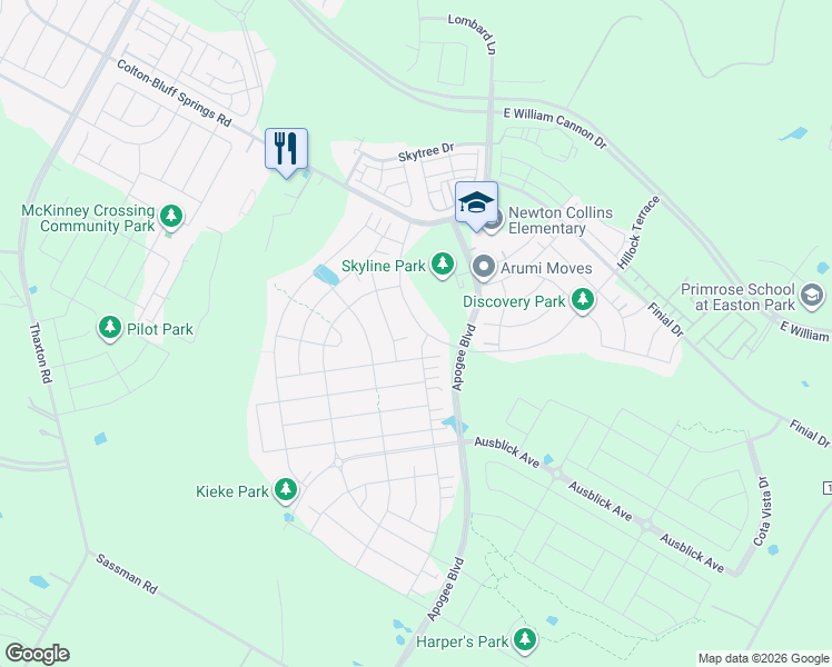 map of restaurants, bars, coffee shops, grocery stores, and more near 8020 Hillock Terrace in Austin