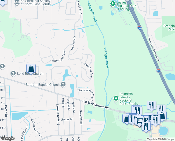 map of restaurants, bars, coffee shops, grocery stores, and more near 12205 Madison Creek Drive in Jacksonville