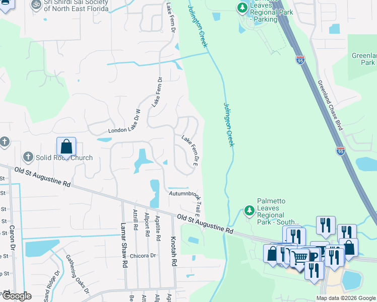 map of restaurants, bars, coffee shops, grocery stores, and more near 12205 Madison Creek Drive in Jacksonville