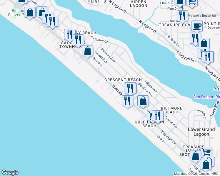 map of restaurants, bars, coffee shops, grocery stores, and more near in Lower Grand Lagoon