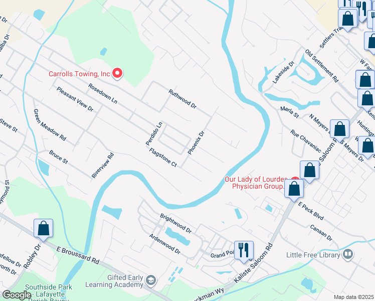 map of restaurants, bars, coffee shops, grocery stores, and more near 107 Barronne Street in Lafayette