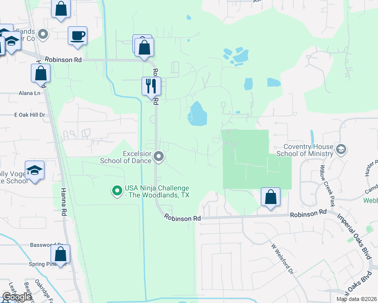 map of restaurants, bars, coffee shops, grocery stores, and more near 11300 Darby Loop in Conroe