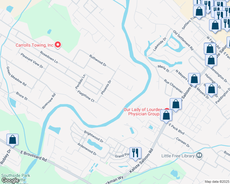 map of restaurants, bars, coffee shops, grocery stores, and more near 109 Carrollton Circle in Lafayette