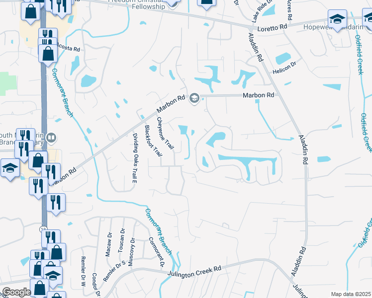 map of restaurants, bars, coffee shops, grocery stores, and more near 12144 Shoshone Trail in Jacksonville