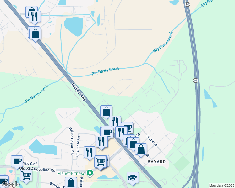 map of restaurants, bars, coffee shops, grocery stores, and more near 7842 Sunnydale Lane in Jacksonville