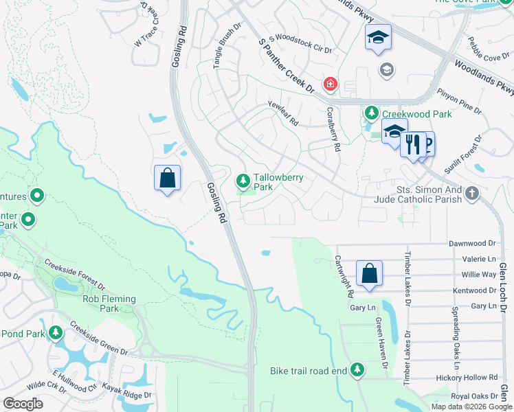 map of restaurants, bars, coffee shops, grocery stores, and more near 39 North Wavy Oak Circle in Spring