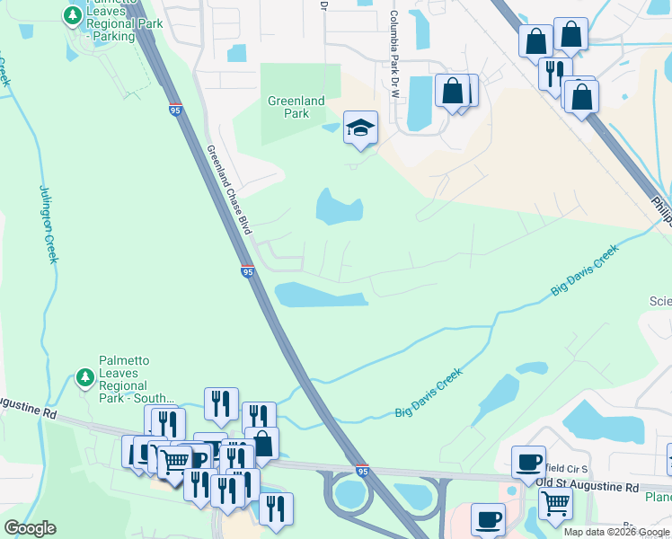 map of restaurants, bars, coffee shops, grocery stores, and more near 6407 Lavenhorn Road in Jacksonville