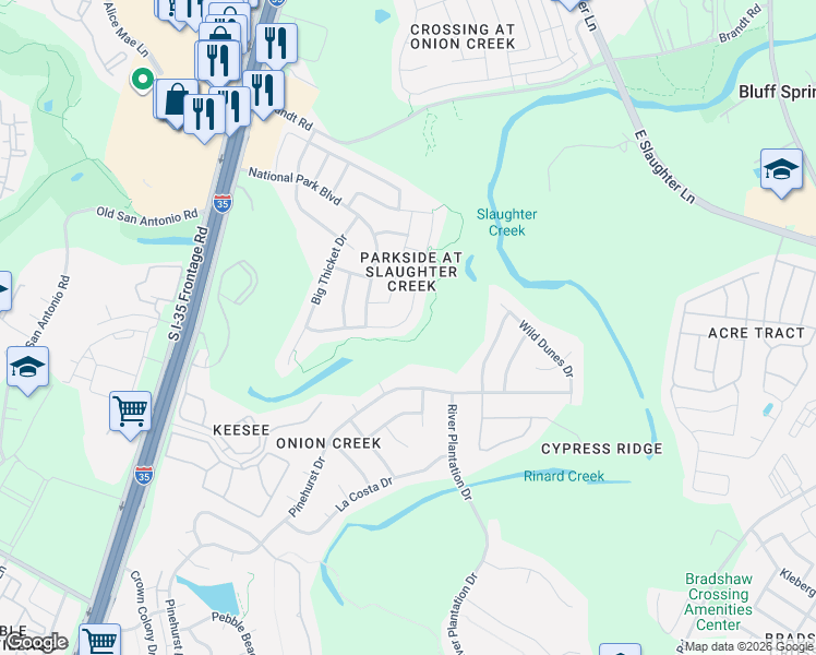 map of restaurants, bars, coffee shops, grocery stores, and more near 10225 Channel Island Drive in Austin