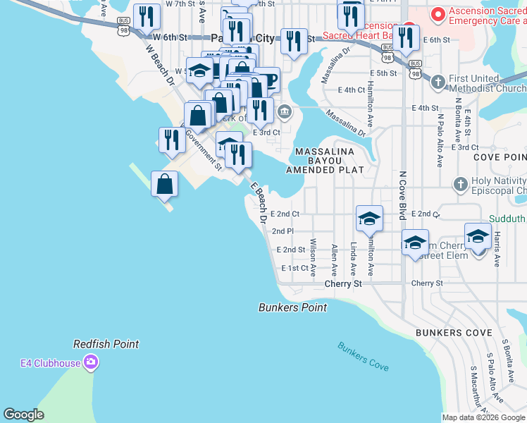map of restaurants, bars, coffee shops, grocery stores, and more near 305 East Beach Drive in Panama City