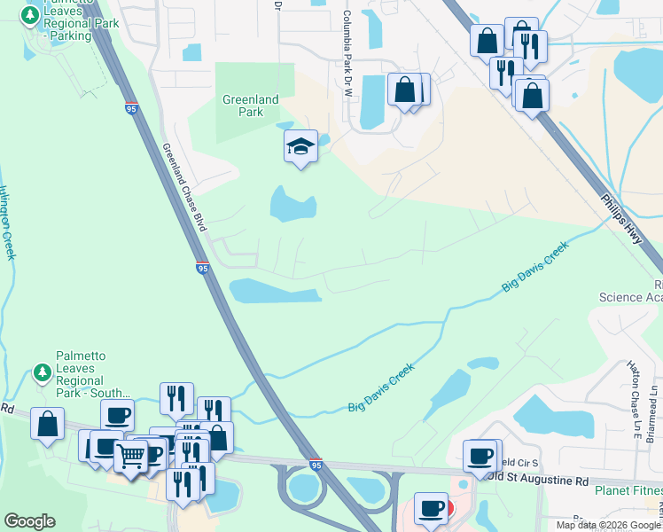 map of restaurants, bars, coffee shops, grocery stores, and more near 6457 Greenland Chase Boulevard in Jacksonville