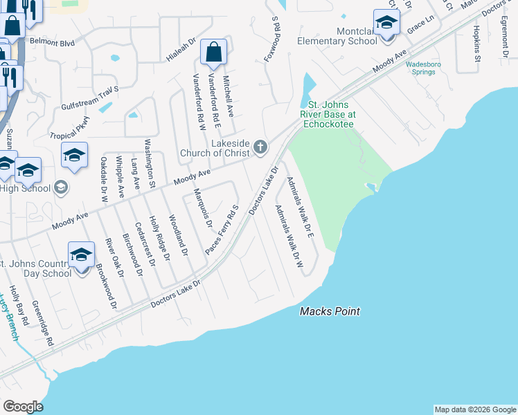 map of restaurants, bars, coffee shops, grocery stores, and more near 2756 Admirals Walk Drive West in Orange Park