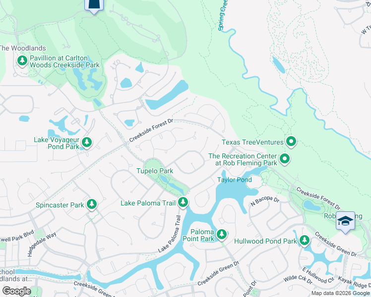 map of restaurants, bars, coffee shops, grocery stores, and more near 47 Prairie Falcon Place in Spring