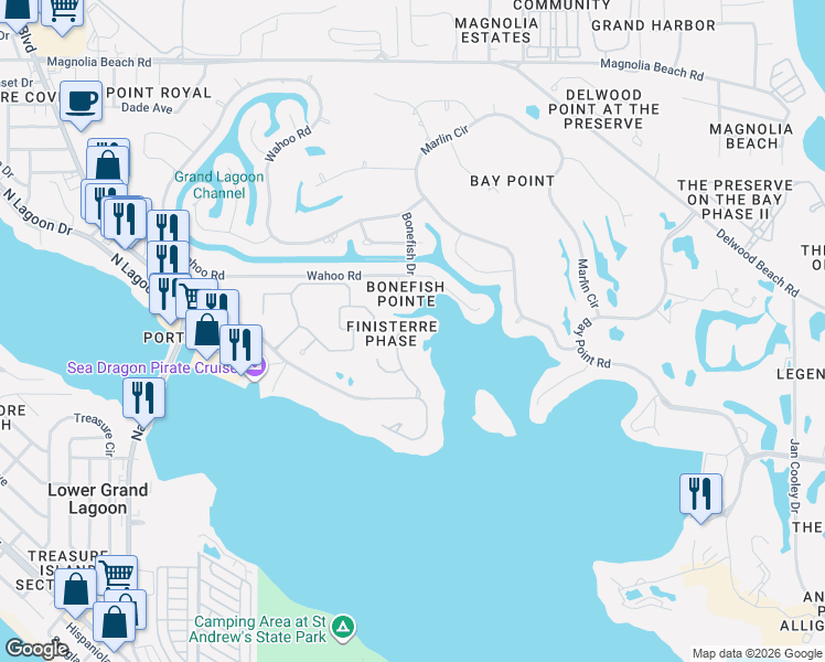 map of restaurants, bars, coffee shops, grocery stores, and more near 3305 Terra Cotta Drive in Panama City