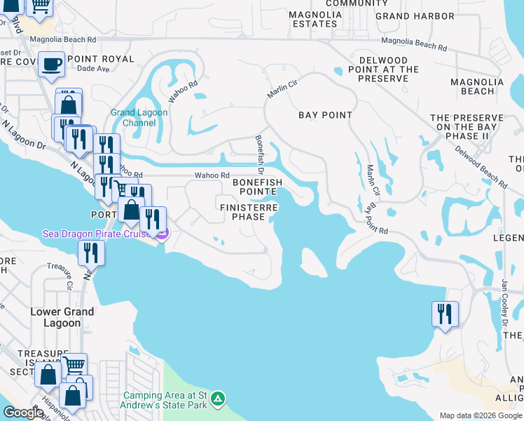map of restaurants, bars, coffee shops, grocery stores, and more near 3305 Terra Cotta Drive in Panama City