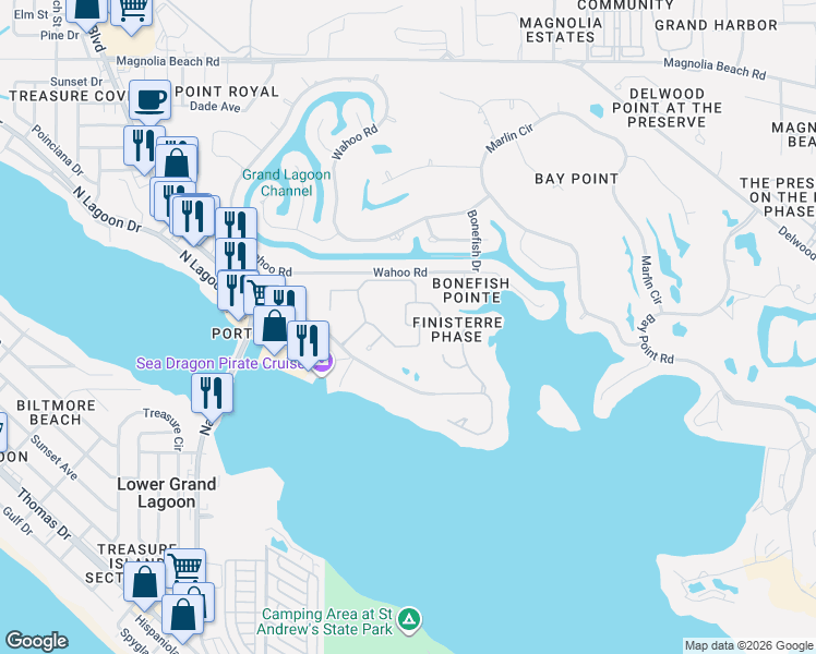 map of restaurants, bars, coffee shops, grocery stores, and more near 5208 Kingston Circle in Panama City