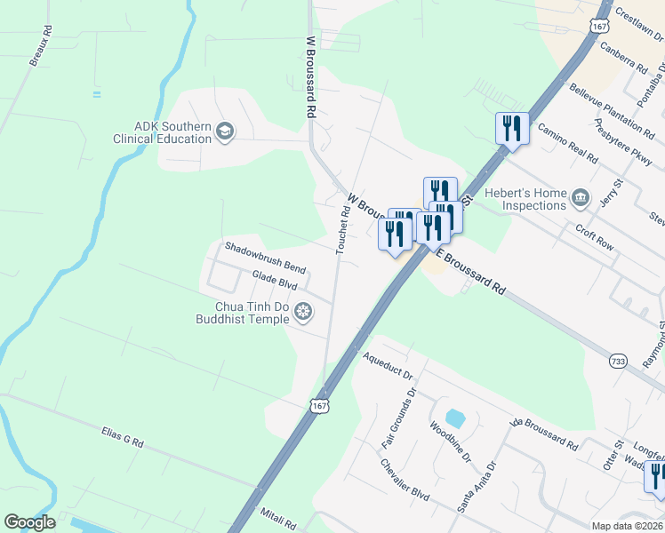 map of restaurants, bars, coffee shops, grocery stores, and more near 241 Touchet Road in Lafayette