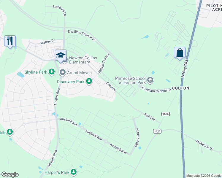map of restaurants, bars, coffee shops, grocery stores, and more near 7701 Ellas Inlet Drive in Austin