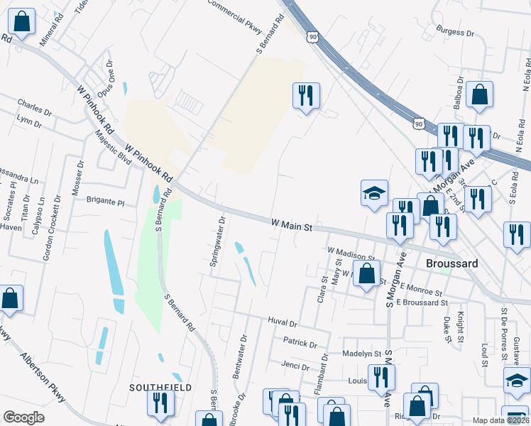 map of restaurants, bars, coffee shops, grocery stores, and more near 620 West Main Street in Broussard