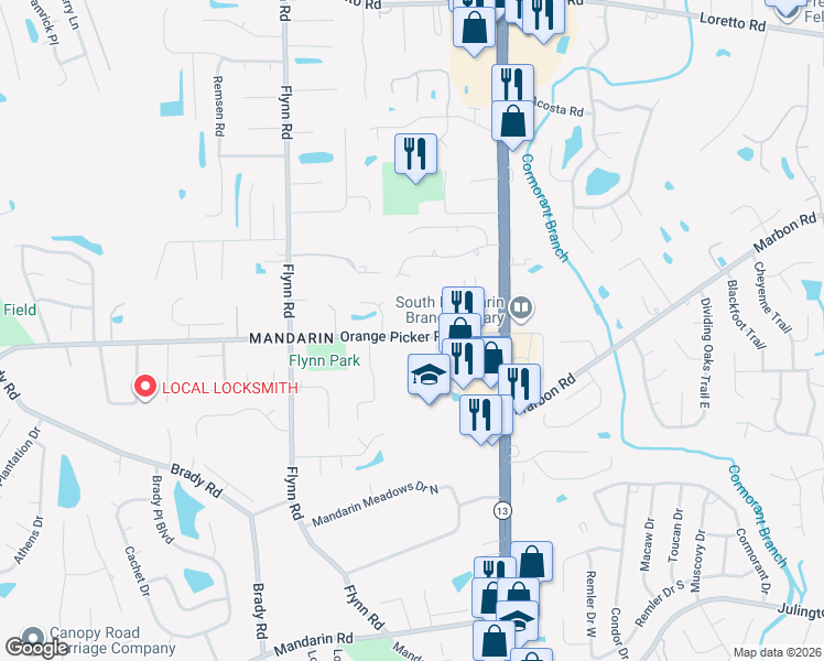 map of restaurants, bars, coffee shops, grocery stores, and more near 2875 Orange Picker Road in Jacksonville