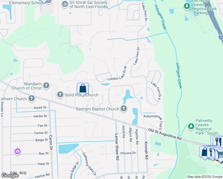 map of restaurants, bars, coffee shops, grocery stores, and more near 12283 Autumnbrook Trail West in Jacksonville