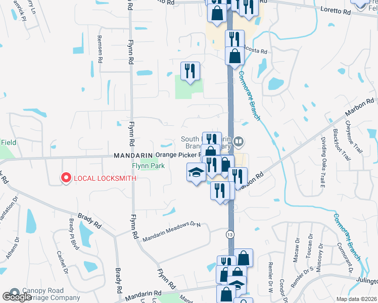 map of restaurants, bars, coffee shops, grocery stores, and more near 2875 Orange Picker Road in Jacksonville