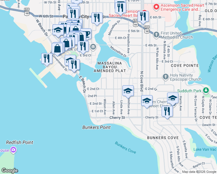 map of restaurants, bars, coffee shops, grocery stores, and more near 233 Wilson Avenue in Panama City