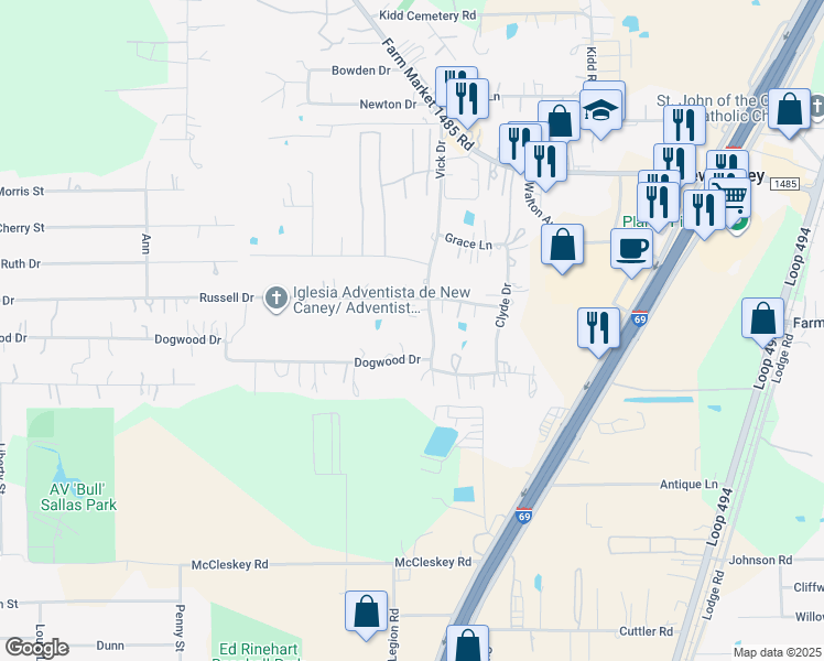 map of restaurants, bars, coffee shops, grocery stores, and more near 20470 Vick Drive in New Caney