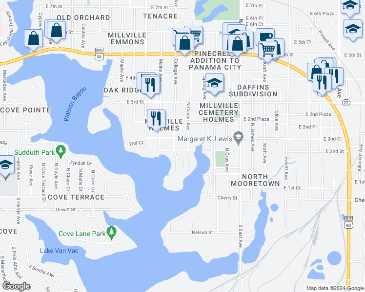 map of restaurants, bars, coffee shops, grocery stores, and more near 2209 East 2nd Street in Panama City